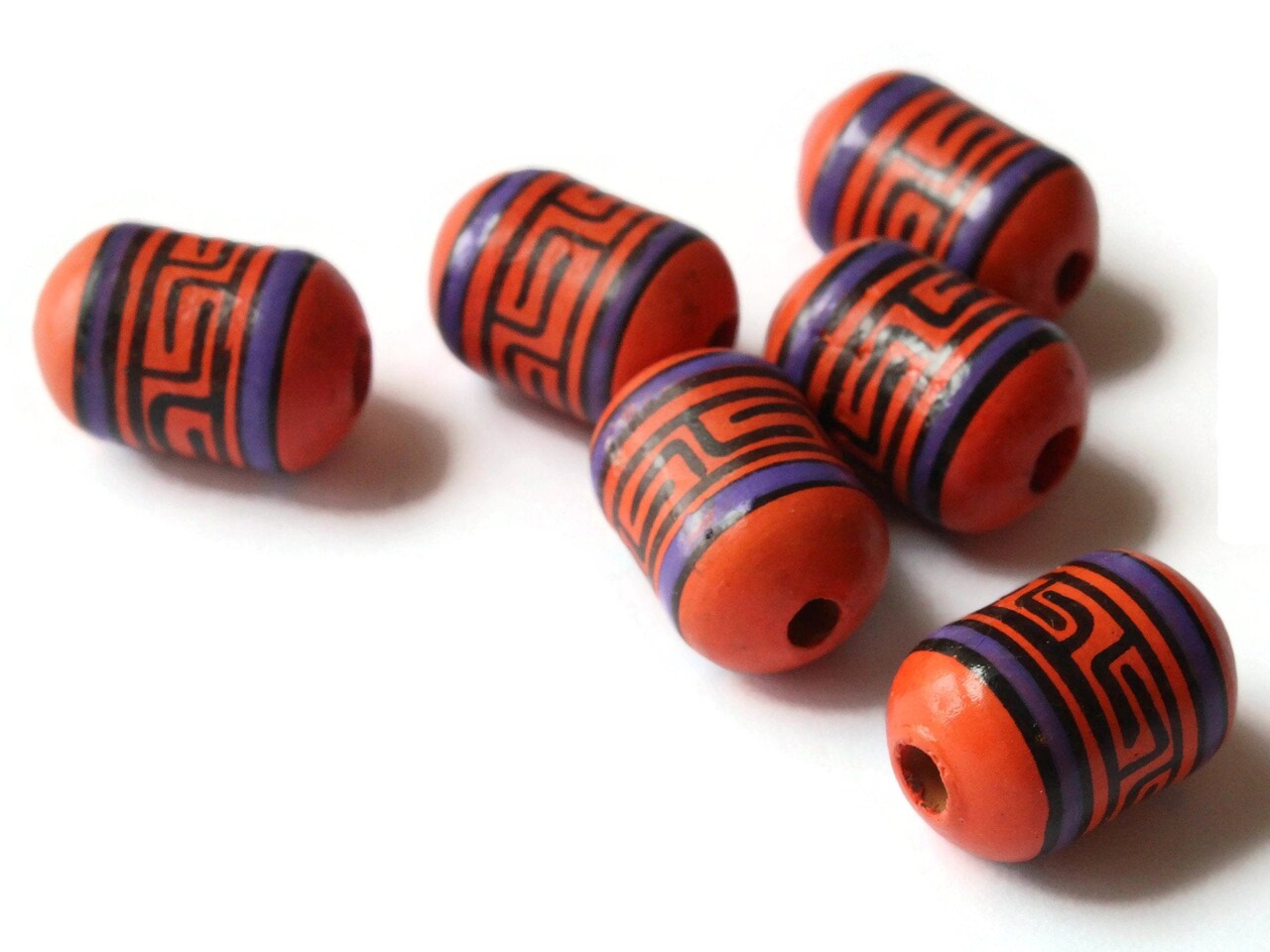 6 18mm Vintage Painted Peruvian Clay Beads - Orange and Purple Tube Beads